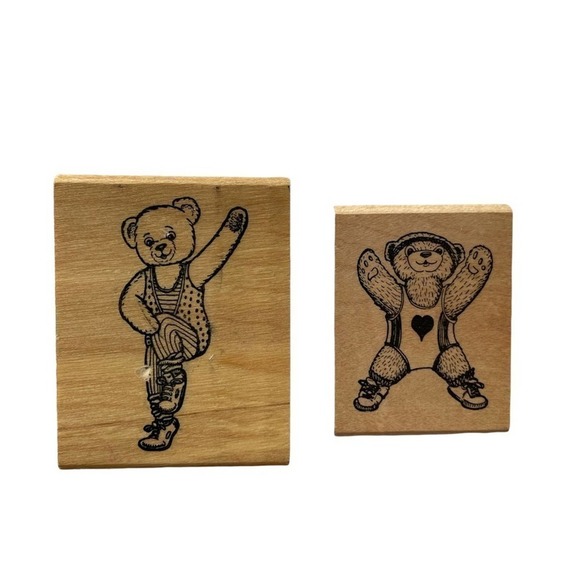 Vintage Wood Block Rubber Stamp Hamilton Arts Teddy Bear Yoga Dance Jazzercise - Picture 1 of 7